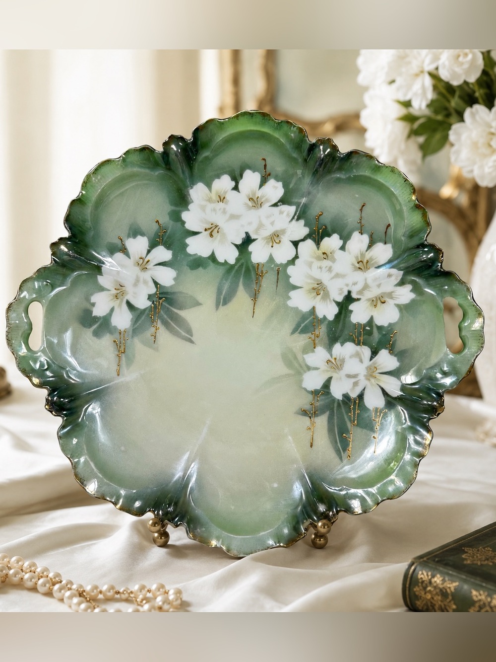 VTG RS Germany Handled Floral Serving Cake Tray Green White Gold Cherry Blossoms